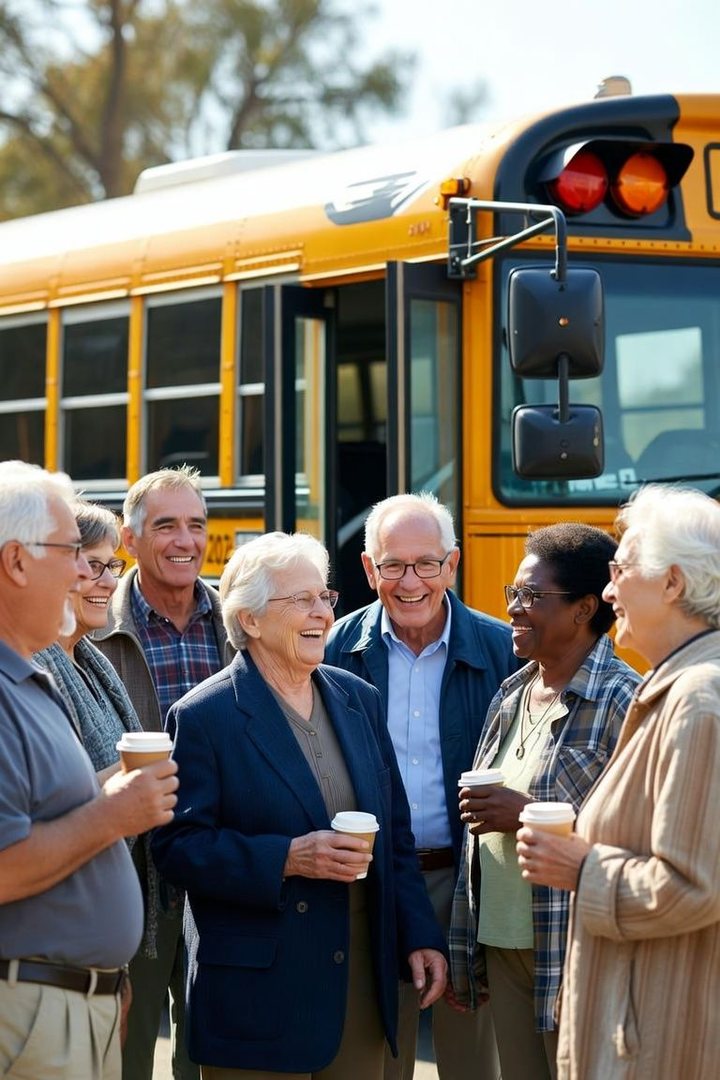Smiling retirees with coffee standing in front of a yellow school bus